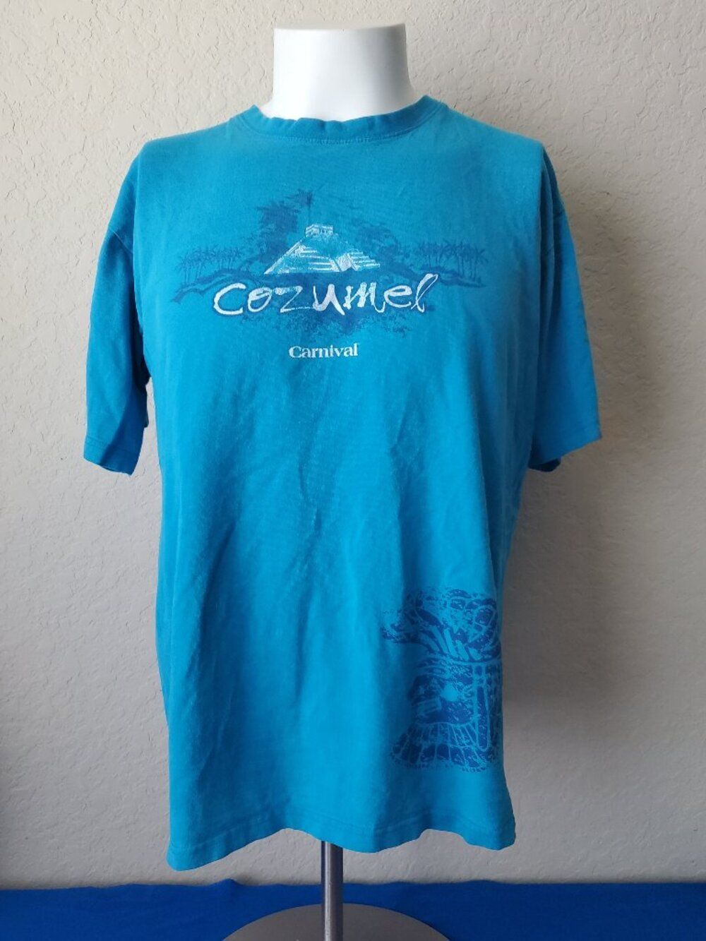 Vintage Carnival Cruise Line Cozumel T Shirt Blue Mayan Ruins Souvenir Tee